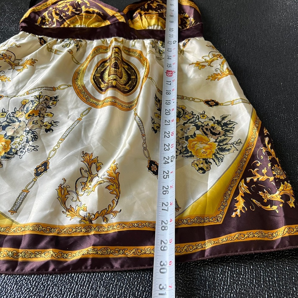 MKM Designs Brown Gold Baroque Scarf Print Top M Empire Waist Babydoll Glam Y2k - Picture 9 of 9